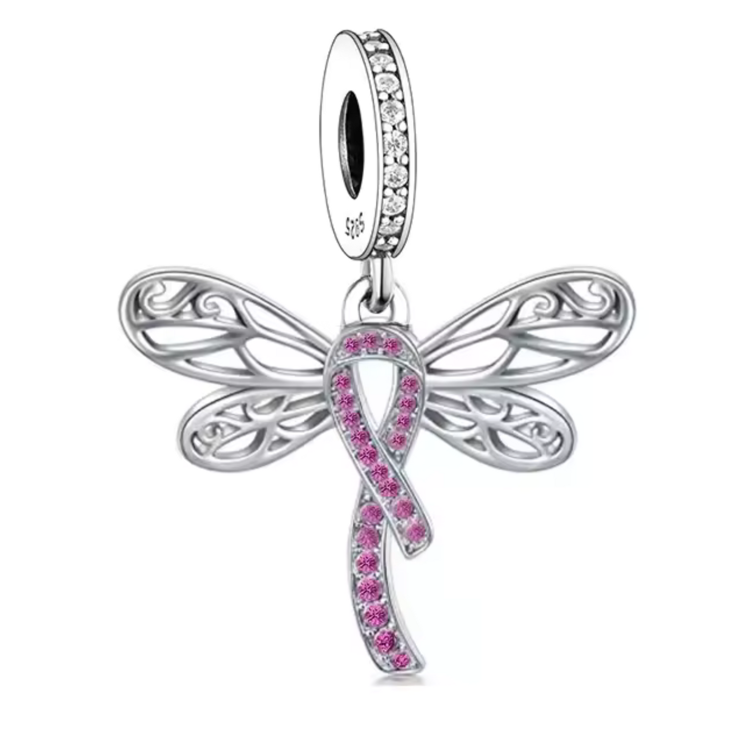 Charm Ruban Rose avec Ailes de Libellule | Octobre Rose