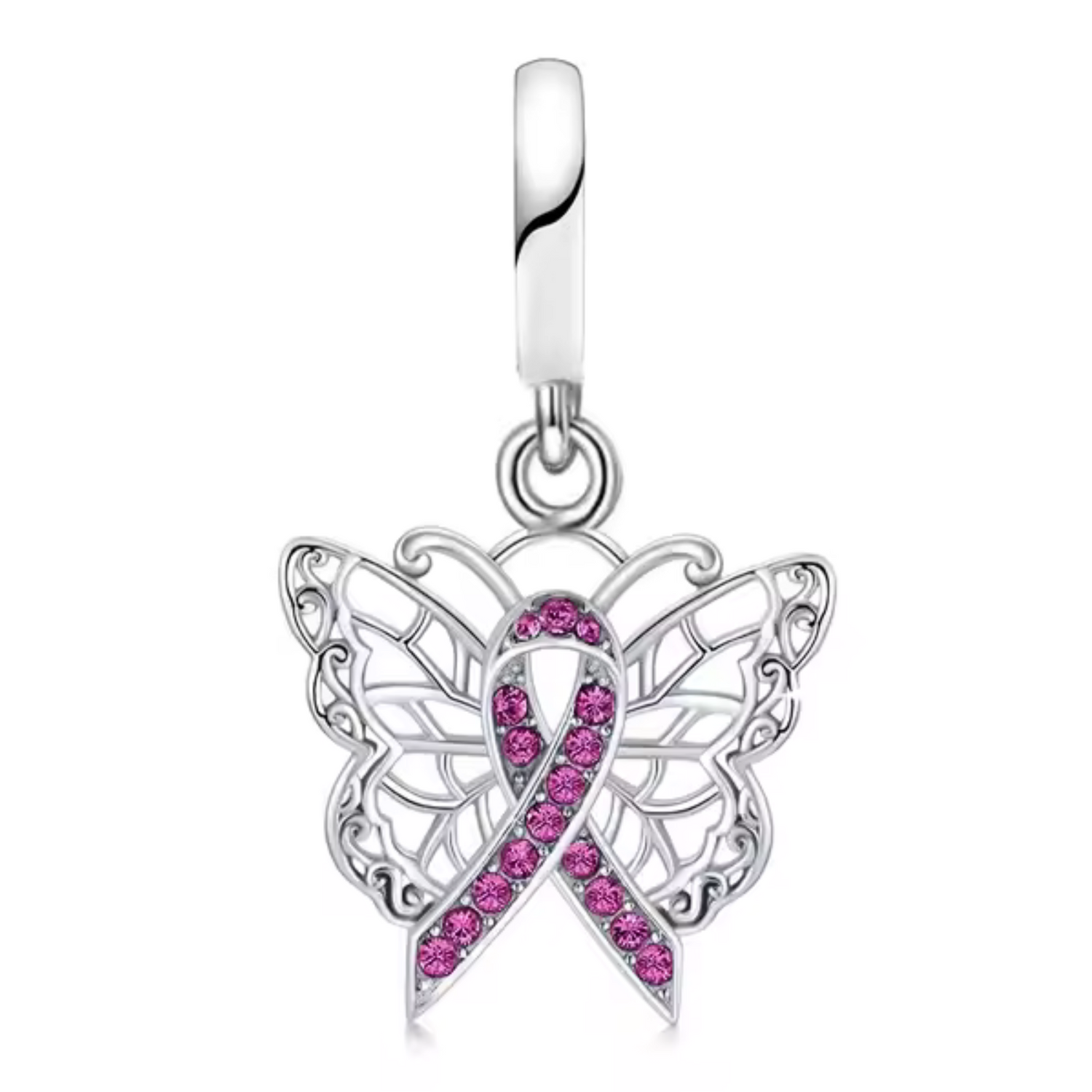 Pink Ribbon with Butterfly Wings Pendant Charm | Pink October