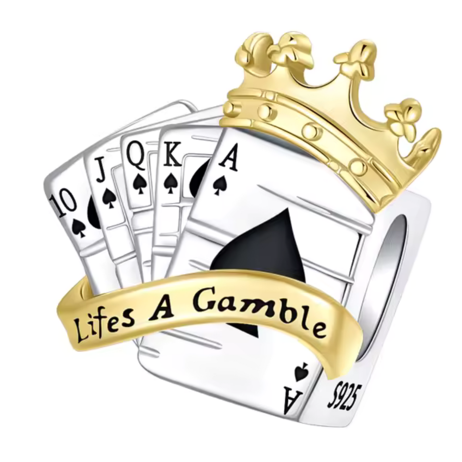 Silver Playing Cards Charm with Golden Crown – Luck and Royalty
