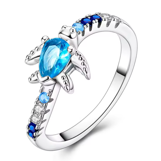 Silberner Ring mit Schildkröte und blauem Strass – Vaiana Ocean Spirit