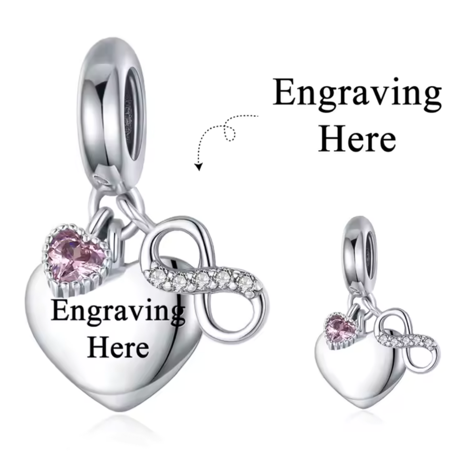 Personalisierter Herz-Charm mit Gravur – Rosa Herz und Unendlichkeitssymbol