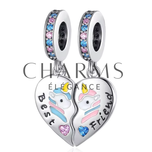 Charm Cœur à Partager Best Friends avec Licornes - Charms Élégance
