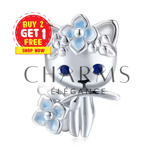 Charm - Chat Bleu Fleuri - Charms Élégance
