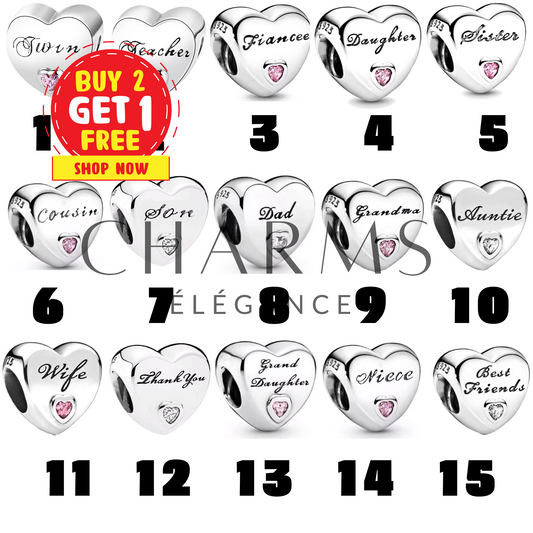 Charm Cœur Famille – 15 Designs au Choix - Charms Élégance