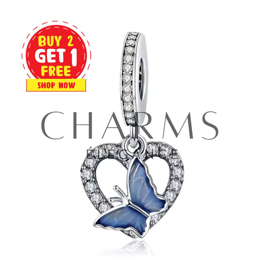 Charm - Cœur avec Strass Blanc et Papillon Bleu - Charms Élégance