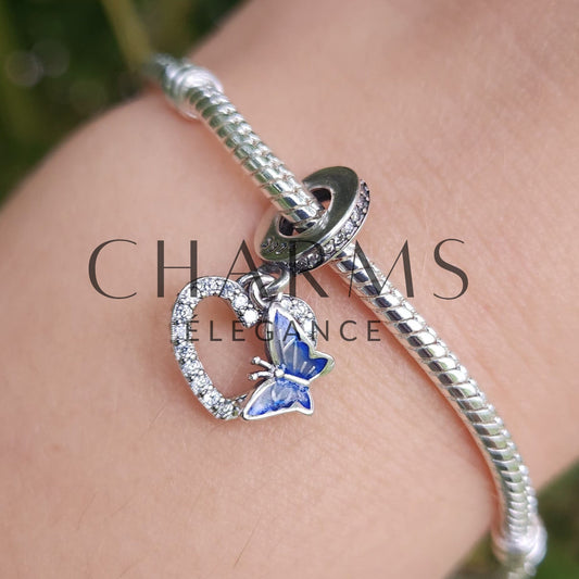 Charm - Cœur avec Strass Blanc et Papillon Bleu - Charms Élégance