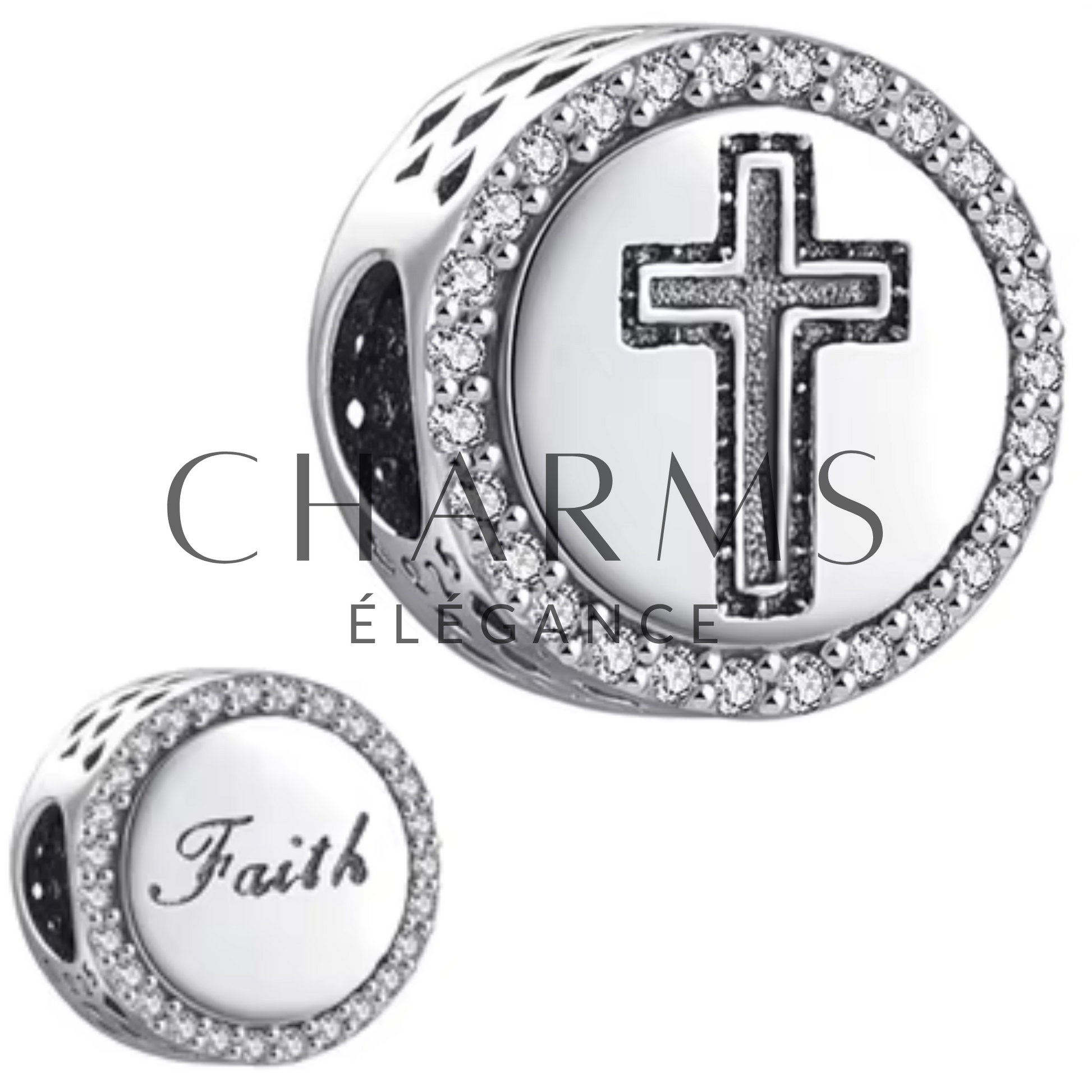 Charm Rond avec Croix et "Faith" - Charms Élégance