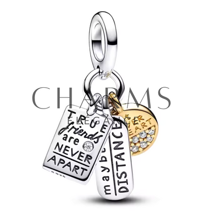 Charm en argent 925 représentant un médaillon rond avec l’inscription "True Friends Are Never Apart", symbole d’amitié éternelle, compatible avec bracelets à charms standards.