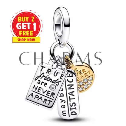 Charm en argent 925 représentant un médaillon rond avec l’inscription "True Friends Are Never Apart", symbole d’amitié éternelle, compatible avec bracelets à charms standards.