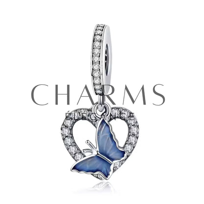 Charm - Cœur avec Strass Blanc et Papillon Bleu