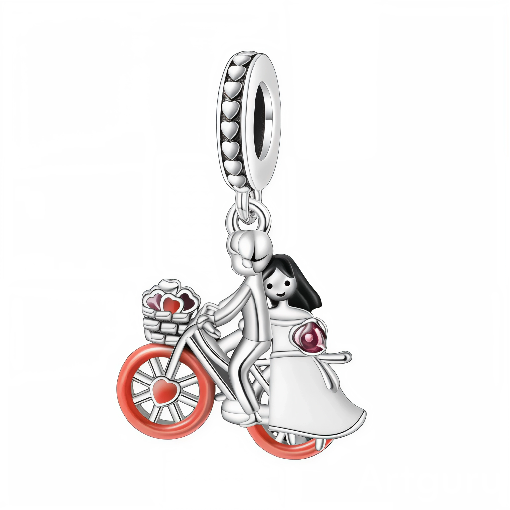 Charm mariés à vélo, parfait pour symboliser un mariage, un voyage de noces ou une histoire d’amour qui avance main dans la main. La bélière est ornée d’une rangée de petits cœurs, ce qui en fait une pièce très narrative et idéale pour marquer une date importante sur un bracelet type Pandora.