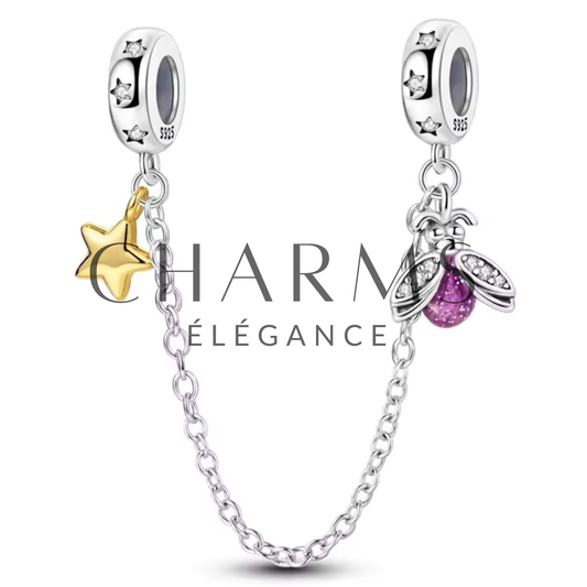 Charm Chaîne de Sécurité Étoile Dorée et Luciole aux Détails Violets - Charms Élégance