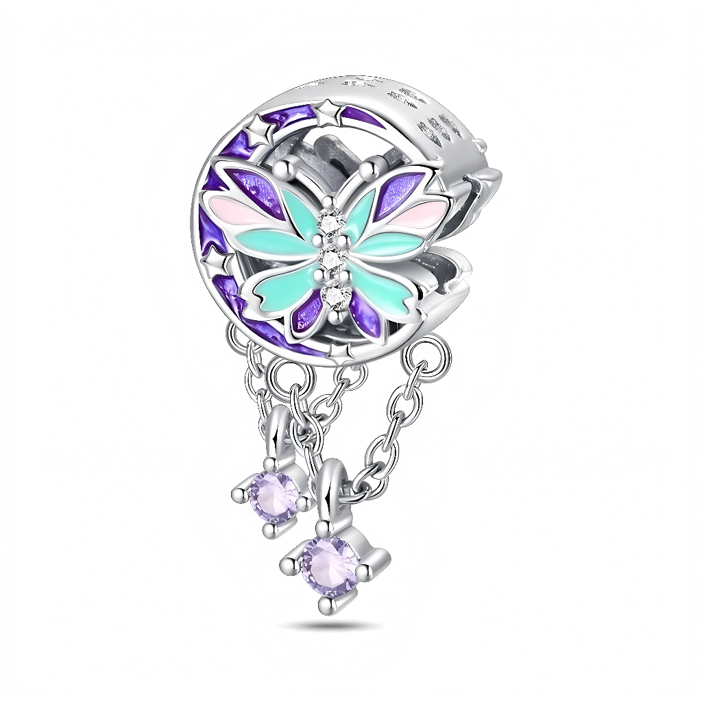 Charm Pendentif - Lune étoilée violette et papillon