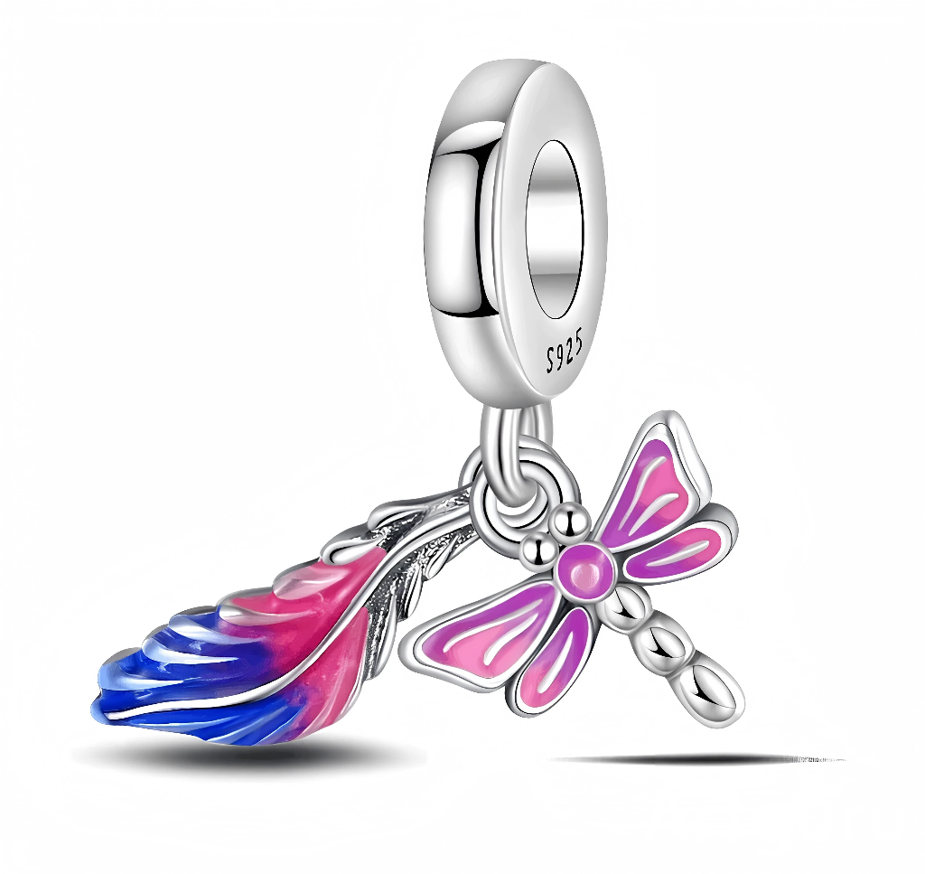 Charm Pendant - Rainbow Dragonfly and Feather