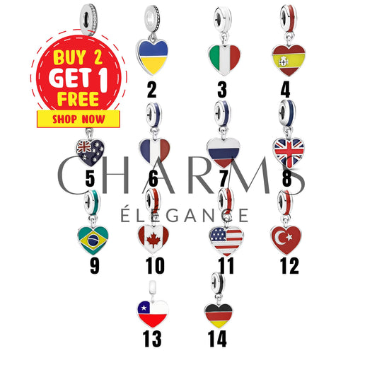 Charm Pendentif - Drapeau Cœur (14 Pays Disponibles) - Charms Élégance