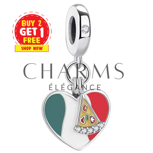 Charm - Cœur avec Drapeau de l'Italie et Pizza - Charms Élégance
